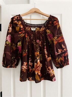 HER Destiny Women’s L Floral Peasant Blouse 100% Cotton Boho Balloon Sleeves